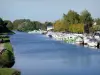 Бургундский канал - Лодки от пристани для яхт Бриенон-сюр-Армансон и усаженный деревьями Бургундский канал
