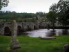 Мутье-д'Аэн - Газон на переднем плане, римский мост через реку (Creuse), шпиль церкви, деревья и дома деревни