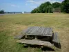 Региональный Природный Парк Петель Нормандской Сены - Долина Сены: эспланада на берегу Сены, Айзье: стол для пикника, окруженный газонами, с видом на Сену