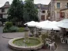 Bergerac - Maisons, terrasse de restaurant et fontaine de la place Pelissière, dans la vallée de la Dordogne