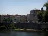 Cahors - Saint-Etienne cathedral, houses of the old town, trees and the River Lot, in the Quercy