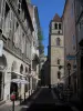 Cahors - Street of the old town, houses, shops and Saint-Etienne cathedral, in the Quercy