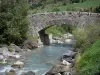 Circo de Gavarnie - Paisagem durante a subida ao pé do circo: ponte de pedra que atravessa o rio (riacho), rochas e vegetação; no Parque Nacional dos Pirenéus
