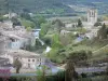 Corbières - Campanile dell'Abbazia di fiume Sainte-Marie Orbieu Orbieu fiancheggiata da alberi e case nella città medievale di Lagrasse