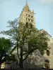 Embrun - Façade et clocher de la cathédrale Notre-Dame-du-Réal, calvaire et arbres