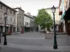 Embrun - Place de la Mazelière : maisons, boutiques, terrasse de café, arbre, lampadaires