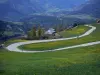 Hautes-Alpes Landschaften - Serpentinenstrasse gesäumt von blühenden Wiesen mit Blick auf die Stadt Guillestre und die befestigte Stätte Mont-Dauphin