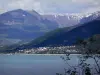 Hautes-Alpes Landschaften - See Serre-Ponçon (Stausee), Gemeinde Savines-le-Lac und Berge, Baumzweige vorne, im Nationalpark Écrins