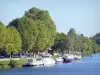Joigny - Fluss Yonne, festgemachte Boote und Bäume entlang des Wassers