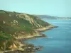Küstengebiet Cotentin - Strasse der Kaps: Wilde Küste, Heideland überragend das Meer (die Manche); Landschaft der Halbinsel Cotentin