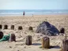 Landschaften der Landes - Côte d'Argent (Silber-Küste): Pfähle im Sand vorne, mit Blick auf den Strand des Badeortes Mimizan-Plage und Atlantik