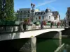 Melun - Flower-covered bridge spanning the River Seine, lamppost and facades of the town