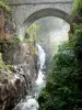 Ponte da espanha - Local natural da Pont d'Espagne: ponte de pedra que atravessa o rio (riacho), rochas e vegetação; no Parque Nacional dos Pirenéus, no município de Cauterets