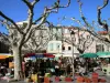 Prades - Mercato sotto gli alberi al posto della chiesa e le facciate della città