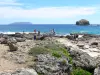 Punta dei Castelli - Walkers che attraversano il luogo selvaggio della punta dei Castelli, Oceano Atlantico, Roche, e l'isola di Désirade sfondo