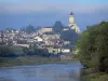 Saint-Florent-le Vieil - Abteikirche, Stadthäuser, Fluss Loire und Bäume am Wasserrand (Loiretal)
