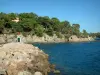 Schiereiland van Giens - Kleine rotsen en de vuurtoren in de haven van Niel, Middellandse Zee, ruige kustlijn en dennenbos (den)