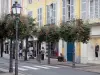 Tarbes - Strasse, Hausfassaden, Boutiquen, Strassenlaternen und Blumen
