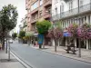 Tarbes - Einkaufsstrasse, Gebäude, Boutiquen und hängende Blumen