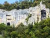 Porche de la résurgence du Basset (à gauche), et porche de la grotte du château de la roche, vus de la route Saint-Hippolyte-Vaufrey (© J.E)