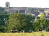 A raça de gado Maine-Anjou com a igreja em segundo plano