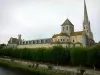 Аббатство Сен-Савин - Церковь аббатства с каменным шпилем, монастырскими постройками, выравниванием деревьев и рекой Гартемпе