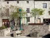 Дезень - Фонтан, площадь, украшенная деревьями и фонарными столбами, вход в туристический офис и каменные фасады средневековой деревни