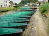 Зеленая Венеция Марэ Пуитевина - Причаленные лодки (причал для прогулки на лодке по мокрому болоту), пешеходный мост через Северную Нортез и дома в деревне Кулон (столица Зеленой Венеции)