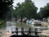 Канал дю Миди - Замок Гардуч, канал с баржами и пришвартованными лодками и деревьями