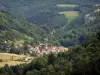 Корниш де Гумуа - С карниза открывается вид на франко-швейцарскую деревню Гумуа, луга и деревья; в долине Ду