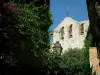 Ле-Кастелле - Бугенвиллия (бугенвиллия) в цвету, фонарный столб, вымпелы, вьющиеся растения, дерево и церковь средневековой деревни