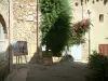 Ле-Кастелле - Холст на мольберте, дерево, кустарники, бугенвиллия (бугенвиллия) в цвету и дома средневековой деревни