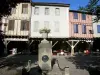 Мирепо - Средневековая Бастида: фонтан и фасады домов на центральной площади (Place des Couverts)
