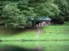 Озеро Вифмале - Пруд Вифмейл, берег, хижина и деревья; в региональном природном парке Арьеж Пиренеи, в Кузерансе, в долине Вифмейла