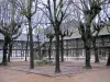 Руанский - Aître Saint-Maclou: внутренний двор с деревьями, Голгофой и фахверковыми зданиями