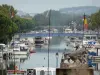 揆 - 港口停泊在码头，Sète的CanalduRhône运河，旗帜，公牛雕像和树木