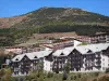 L'Alpe d'Huez - Los edificios de la estación de deportes de invierno y verano (esquí), la montaña con árboles que domina todos los