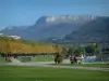 Annecy - Lawns of the Champ de Mars, Annecy lake, plane trees of the Albigny avenue, hills and mountain
