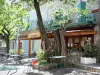 Antraigues-sur-Volane - Terraza del café bajo la sombra de los árboles y las fachadas de la localidad