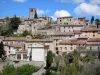 Aragon - Bell tower of the Sainte-Marie church and houses of the village; in the Cabardès