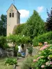 Asnières-sur-Vègre - Flor de jardín con vistas al campanario de la iglesia de Saint-Hilaire