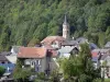 Aulus-les-Bains - Toren van de kerk, dorpshuizen (spa) en bomen in het Regionale Natuurpark van de Ariège Pyreneeën, in de vallei van Garbet