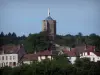 Autun - Tour des Ursulines coronada por una estatua de la Virgen, árboles y casas en la ciudad