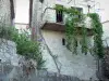 Balazuc - Balcón de una casa de piedra decorada con plantas rastreras