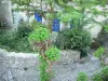 Balazuc - Fachada de una casa de piedra con persianas azules y la calle llena de plantas