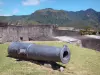 Basse-Terre - Canon and fortifications of Delgrès fort, Caribbean mountains in the background