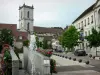 Baume-les-Dames - Espadaña de la iglesia de San Martín, la fachada del Ayuntamiento (City Hall), chorro de casas, árboles, colocar flores (flores) y el agua