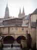 Bayeux - The former(ancient) district of the tanners and the dry cleaners: Aure river, watermill, former fish covered market hall, towers of the Notre-Dame cathedral, and houses of the old town