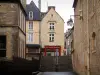 Bayeux - Stair, lampposts, restaurant, and houses in the medieval town