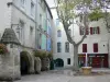 Beaucaire - République square with its fountain, its plane trees, its flowers (geraniums), its arcades and its houses